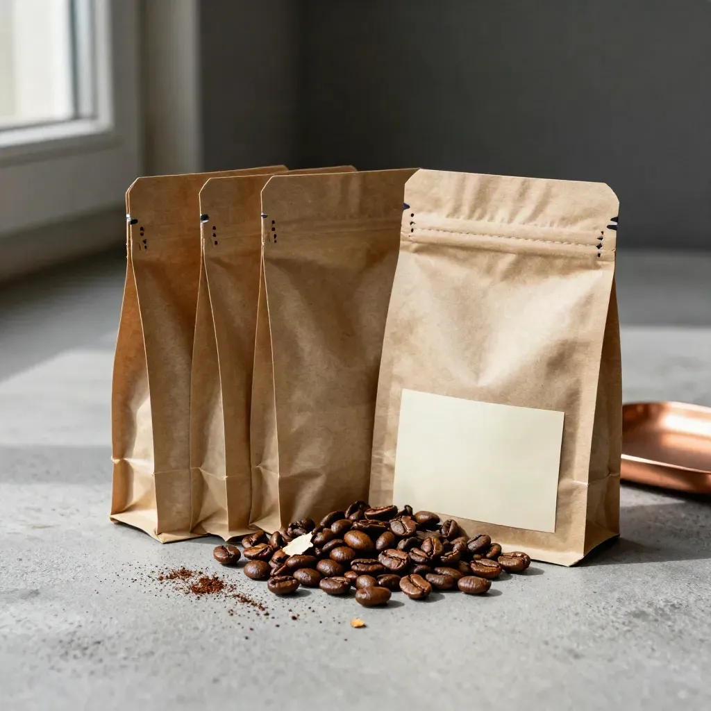 Six unbranded coffee sampler bags fanned with beans on cool concrete, softly lit.